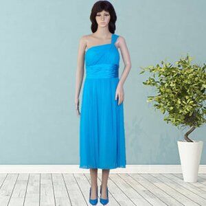 SILK! MAGGY LONDON size 6 blue 1-shoulder fit/flare midi party dress 100% silk
